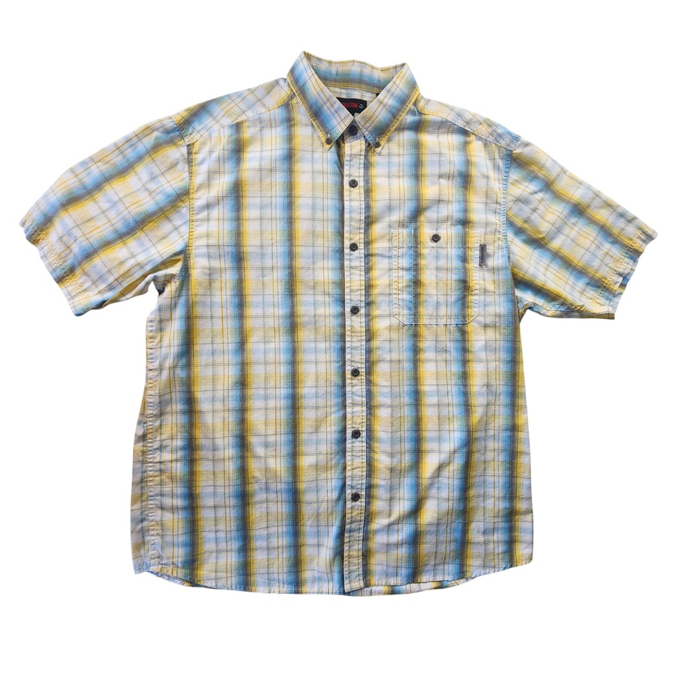Wolverine Mens XL Short Sleeve Button Down Shirt Yellow Blue Plaid 100% Cotton